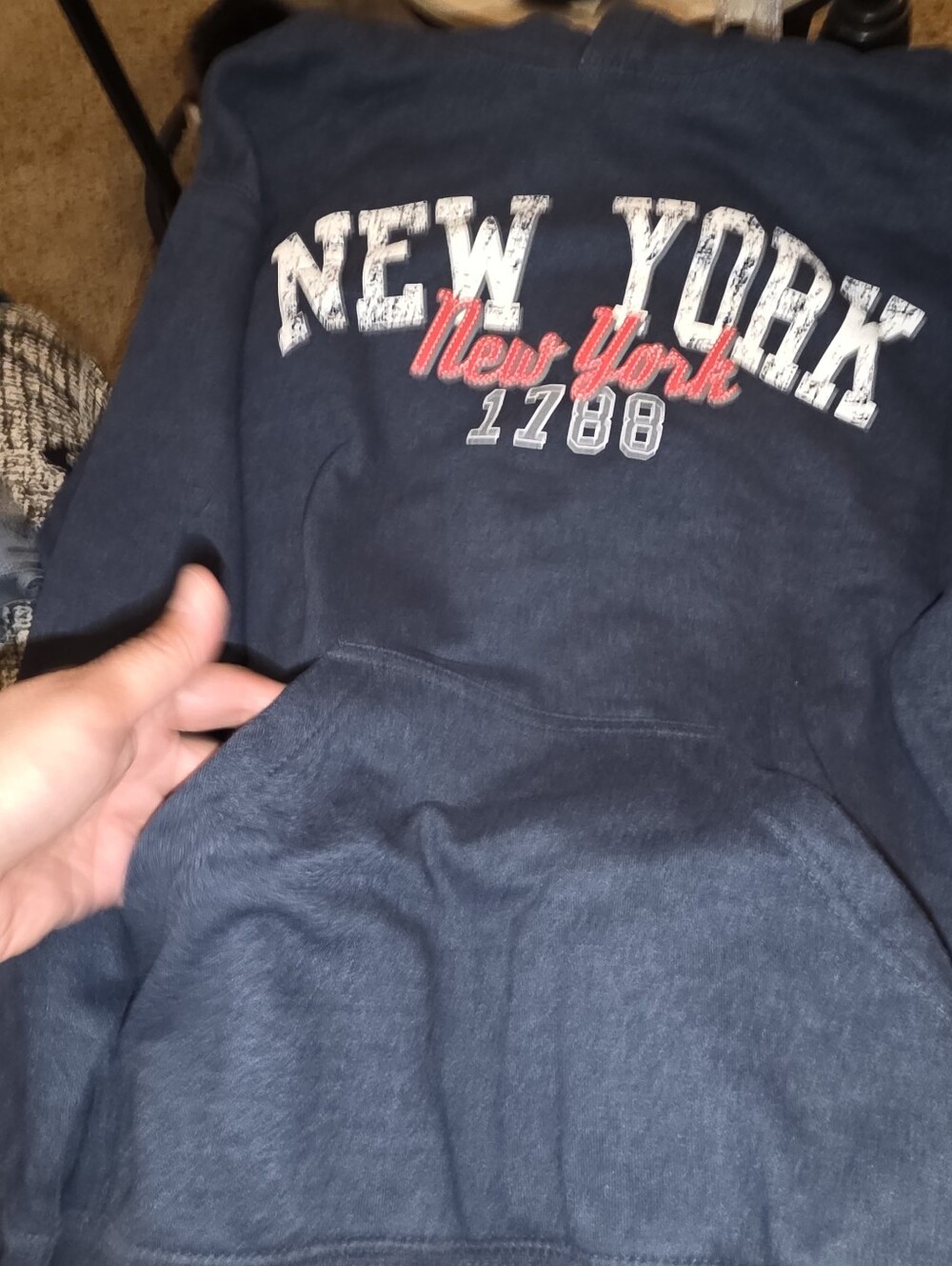 Navy "New York" Graphic Hoodie with Red Script